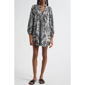 FARM Rio Monochrome Elegance Scarf Print Long Sleeve Linen Blend Minidress